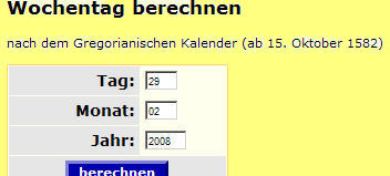 Link zur Seite, mit der die Wochentage eines bestimmten Datums errechnet werden kann